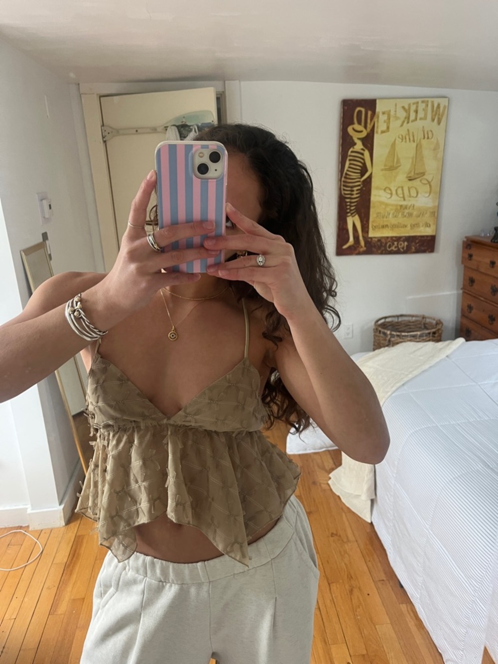 Women’s Khaki Textured Ruffle Cami Top
